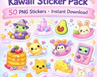50 Kawaii Aufkleber | Pastell Planer, Scrapbook PNGs (Digitaler Download)