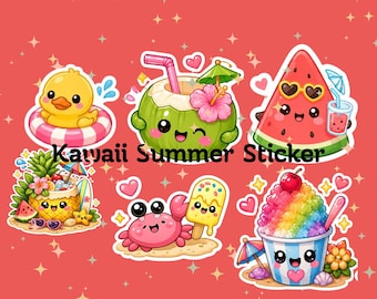 40 Kawaii Sommer Aufkleber PNG Bündel | Tropisch Strand Clipart (digitaler Download)