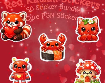 Rotes Kawaii Stickers Bundle | Lebensmittel, Tiere, Objekte (Digitaler Download)