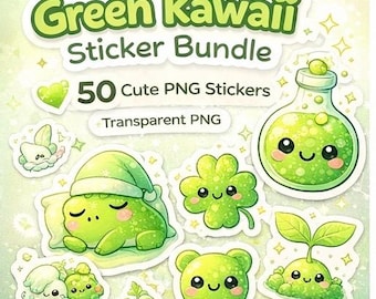 Grünes Kawaii-Sticker-Bundle | 50 PNG Planer Sticker (Digitaler Download)