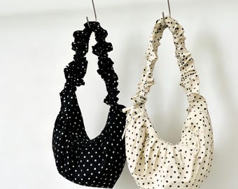Rüschen-Einkaufstasche, Y2K Ästhetische Schultertasche, Polka Dot Geldbörse, weiche Mädchen Handtasche, lässige Schultertasche, Geschenk für Teen Girls