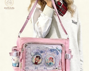 Large Ita Shoulder bag,Clear Display Pin Bag,Window Bag, Anime Gift for Girls, Back to School Gift, Daily Messenger Bag