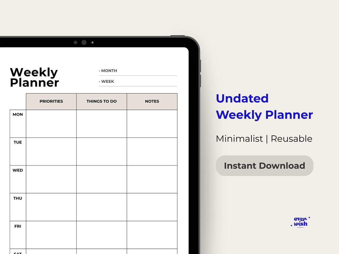 Undated Weekly Planner | Digital & Printable PDF | A4 + US Letter ...