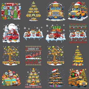 Könnte beinhalten: Eine Sammlung von Designs zum Thema Weihnachten mit Schulbussen. Die Designs umfassen als Weihnachtsbäume dekorierte Schulbusse, den Weihnachtsmann, der einen Schulbus fährt, und festliche Weihnachtspullover mit Schulbusmotiven. Die Farbpalette umfasst Rot, Grün, Gelb und Weiß.