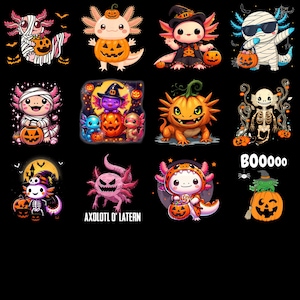 Könnte beinhalten: Eine Sammlung von Halloween-Illustrationen mit Axolotl-Motiven. Jedes Axolotl ist in einem Kostüm dargestellt, wie eine Mumie, eine Hexe oder ein Skelett, und hält einen Kürbis. Die Designs zeichnen sich durch leuchtende Farben und einen Cartoon-Stil aus.