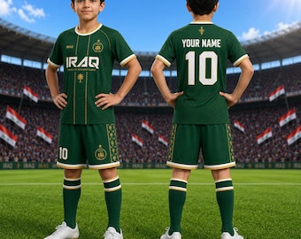 イラクサッカーユニフォーム（子供用、名前・背番号入り）、カスタムフットボールユニフォーム、男の子用イラクサッカーシャツ、ユースサッカーファンへのギフト