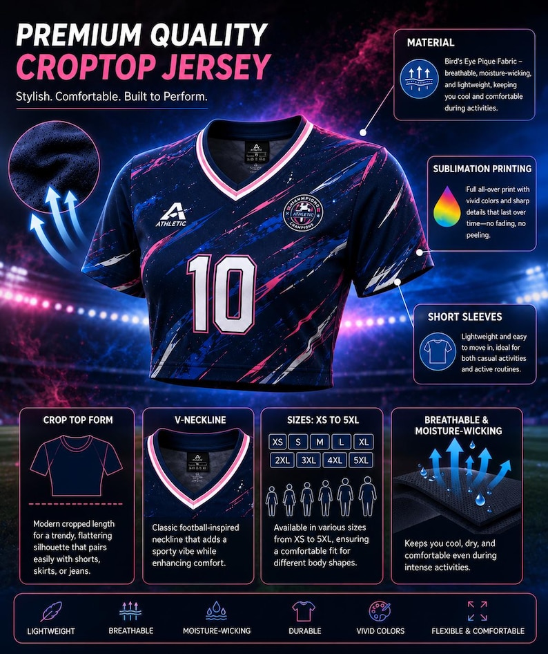 以下が含まれることがあります： 白とピンクのデザイン、10番の数字が入ったネイビーブルーのクロップトップジャージ。アスレチックシャツはVネックと半袖です。通気性と吸湿発散性のある生地で作られており、XSから5XLまでのサイズがあります。