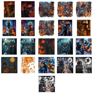 May include: A collection of Halloween-themed art prints featuring cats, dogs, and spooky scenes. The images showcase jack-o'-lanterns, full moons, haunted houses, and witch imagery. The color palette includes orange, black, and shades of gray.