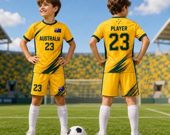 オーストラリア代表サッカーユニフォームセット（子供用）、名前と背番号入りサッカーユニフォーム、カスタムユースサッカーキット、オーストラリア代表ファン向け衣装