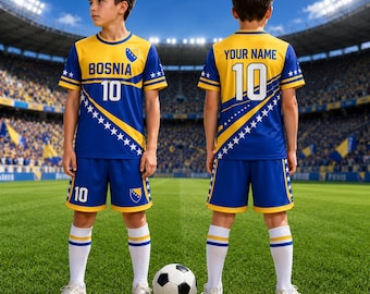 ボスニアサッカーユニフォーム（子供用、名前・番号入り）、カスタムフットボールユニフォーム、男の子用ボスニアサッカーシャツ、ユースサッカーファンへのギフト