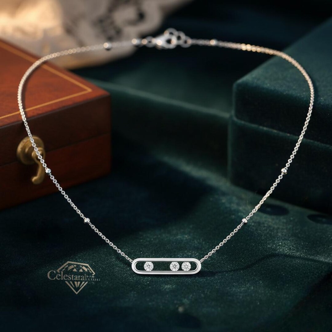 Marvelous Movable Diamond Necklace for Her, 3.0 MM Round Cut Moissaite ...