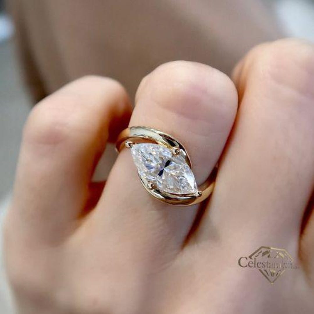 Modern Marquise Diamond Ring | 14k Yellow Gold Bypass Wedding Band ...