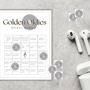 Golden Oldies music bingo printable cards with classic songs, nostalgic party game for seniors and family events