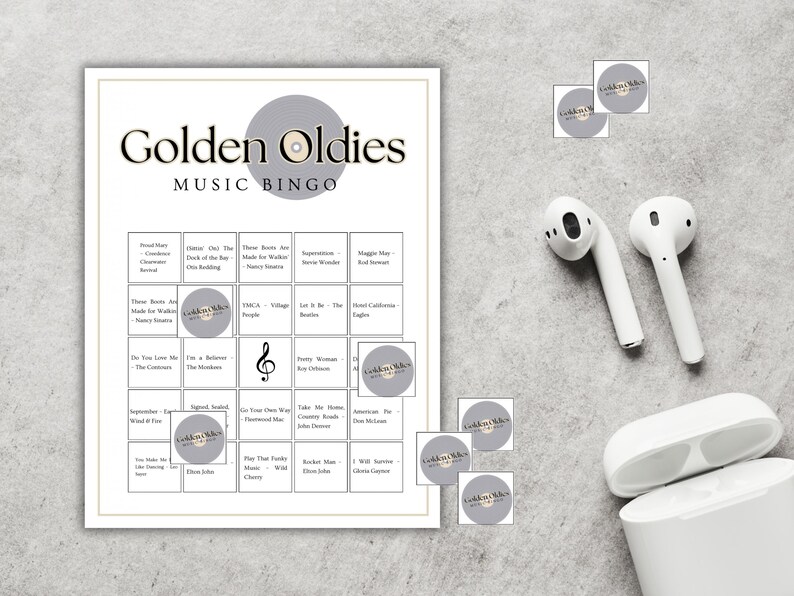 Golden Oldies music bingo printable cards with classic songs, nostalgic party game for seniors and family events