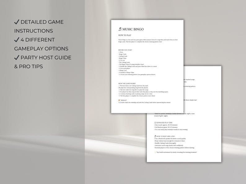 Music bingo game instructions printable with gameplay options and host guide, easy party hits bingo setup for beginners and large groups