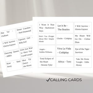 Music bingo calling cards printable set used for hosting music bingo game, song title calling cards for party games, group games and family reunion activities