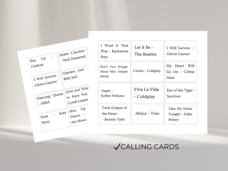 Music bingo calling cards printable set used for hosting music bingo game, song title calling cards for party games, group games and family reunion activities