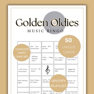 Classic Oldies Music Bingo Game, Music Bingo Cards Printable, 50s 60s 70s Music Bingo Party Game with 50 Unique Bingo Cards and Spotify Playlist