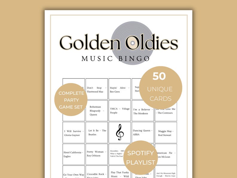 Classic Oldies Music Bingo Game, Music Bingo Cards Printable, 50s 60s 70s Music Bingo Party Game with 50 Unique Bingo Cards and Spotify Playlist