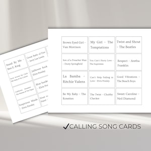 Music bingo calling cards with classic songs from 50s 60s 70s, golden oldies song list for printable bingo game