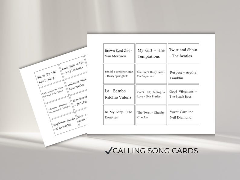 Music bingo calling cards with classic songs from 50s 60s 70s, golden oldies song list for printable bingo game