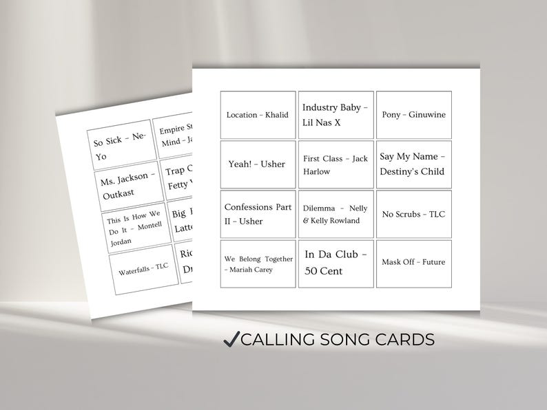 Rap and R&B music bingo calling cards, printable song cards for music bingo game, party game accessories rap R&B theme