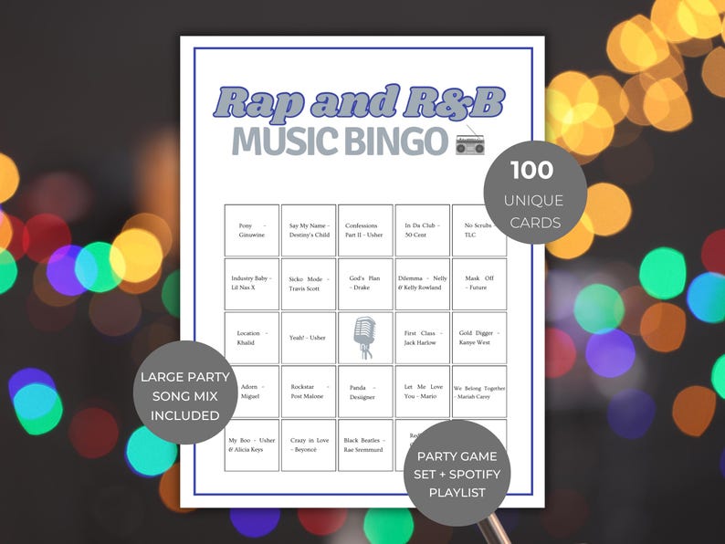 Hip Hop Throwback Bingo game printable, Rap and R&B music bingo cards, 100 unique bingo cards party game, girls night game idea, music bingo printable