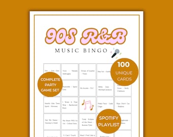90s R&B Party Bingo, Music Bingo, Music Bingo Cards, 90s RandB Music Bingo, 100 Music Bingo Cards, Bingo Bundle, Throwback 90s Party Game