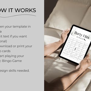 How to play music bingo game using Canva template, editable party hits bingo cards printable for easy download and instant use