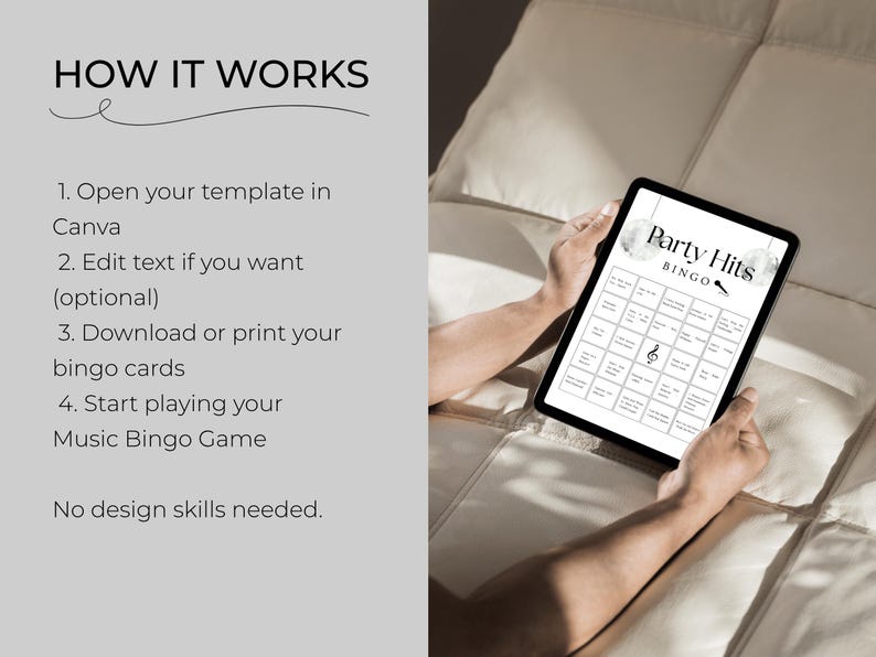 How to play music bingo game using Canva template, editable party hits bingo cards printable for easy download and instant use