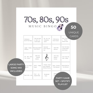 Könnte beinhalten: Ein weißes Blatt Papier mit dem Text "70s, 80s, 90s MUSIC BINGO" in Schwarz. Die Bingokarte enthält 50 einzigartige Karten und einen großen Party-Song-Mix. Das Set enthält auch eine Spotify-Playlist.