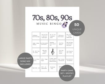 Bingo musical de los 70, 80 y 90, Bingo musical, Bingo de décadas de éxitos, Bingo musical de los 70, Bingo musical de los 80, Bingo musical de los 90, 50 cartones de bingo musical, Paquete