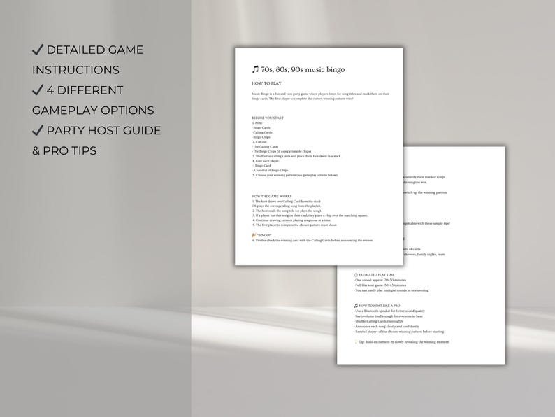 Music bingo instructions printable, how to play golden oldies bingo game, easy party game guide for seniors and family events