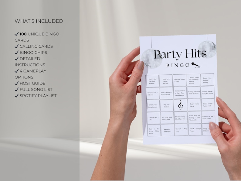 Music bingo cards bundle with 100 unique bingo cards, calling cards, chips and instructions, party hits bingo printable for group party game