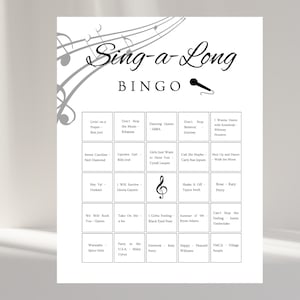 Puede incluir: Una hoja de juego de bingo Sing-a-Long en blanco y negro con títulos de canciones en una cuadrícula. La parte superior de la hoja tiene el título en una fuente decorativa, con notas musicales y un gráfico de micrófono. El juego está diseñado para una divertida actividad de canto.