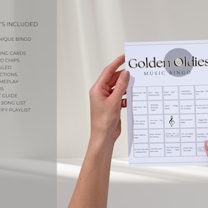 Golden Oldies music bingo set includes 50 unique cards, calling cards, bingo chips, Spotify playlist and printable party game instructions
