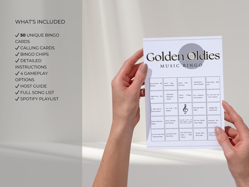 Golden Oldies music bingo set includes 50 unique cards, calling cards, bingo chips, Spotify playlist and printable party game instructions