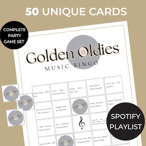 Golden Oldies Music Bingo game printable, 50s 60s 70s songs bingo cards, nostalgic party game for family reunion and retirement party