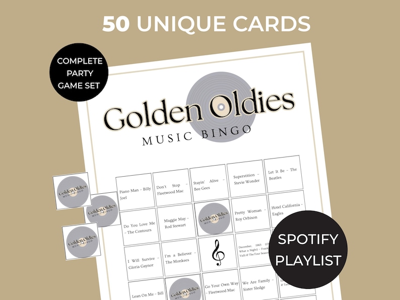 Golden Oldies Music Bingo game printable, 50s 60s 70s songs bingo cards, nostalgic party game for family reunion and retirement party