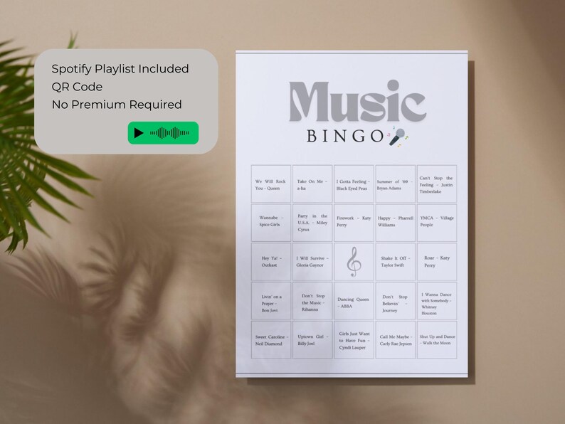 Music bingo printable game with Spotify playlist QR code included, party music bingo cards for game night, family gatherings and icebreaker activities