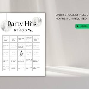 Party hits bingo printable with Spotify playlist included, music bingo game with dance hits songs for easy party setup no premium required