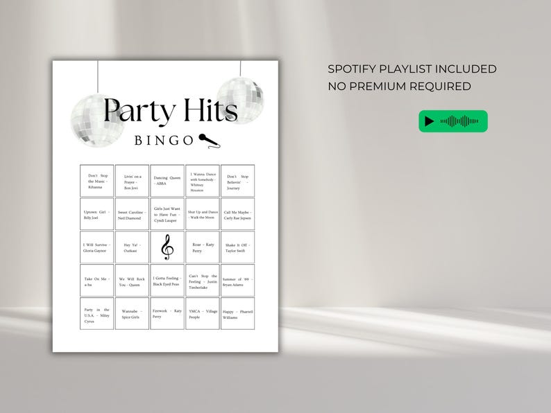 Party hits bingo printable with Spotify playlist included, music bingo game with dance hits songs for easy party setup no premium required