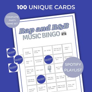 Rap and R&B music bingo game, 100 cards party game set, printable music bingo with Spotify playlist, rap R&B icebreaker game