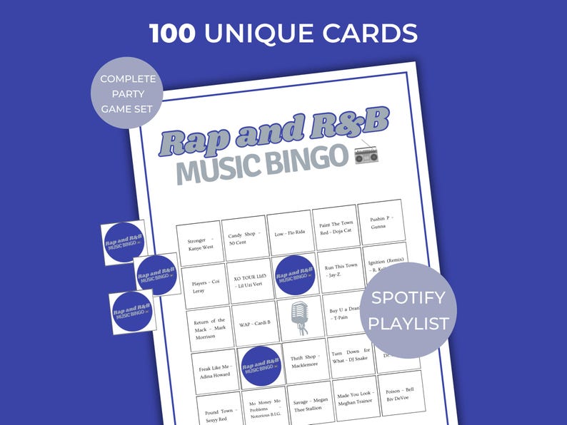 Rap and R&B music bingo game, 100 cards party game set, printable music bingo with Spotify playlist, rap R&B icebreaker game