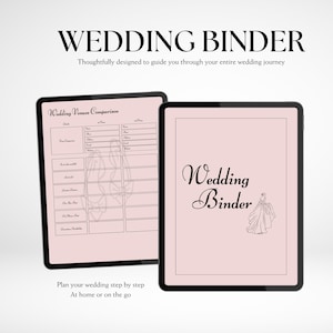 Könnte beinhalten: Zwei digitale Tablets, die einen Hochzeitsplaner anzeigen. Das erste Tablet zeigt eine Veranstaltungsort-Vergleichstabelle, während das zweite "Wedding Binder" mit einer Brautillustration anzeigt. Der Text "WEDDING BINDER" steht oben.