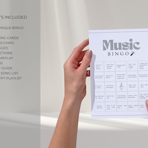 Music bingo cards printable with 100 unique bingo cards, calling cards, bingo chips, host guide and Spotify playlist included for parties and family game night
