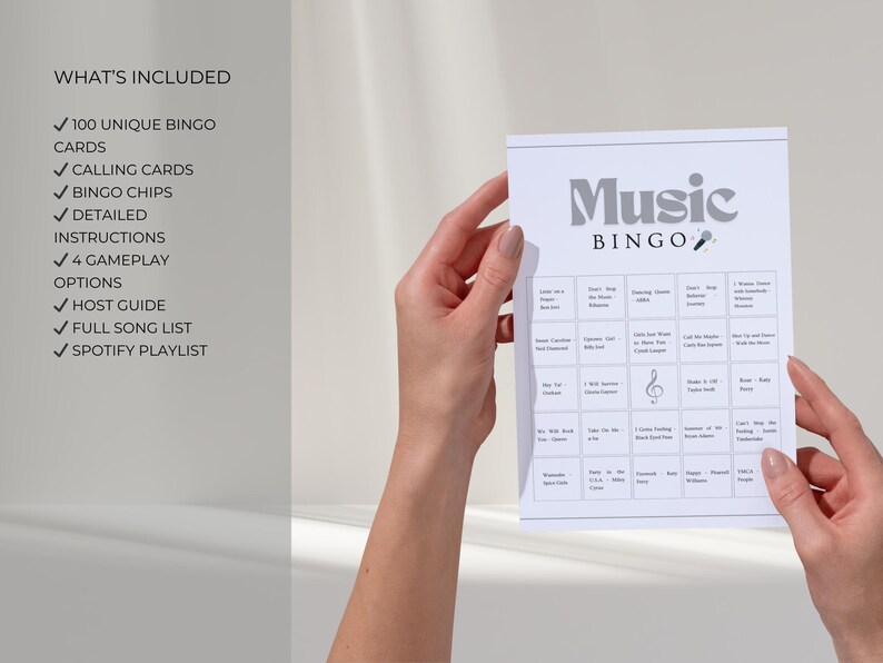Music bingo cards printable with 100 unique bingo cards, calling cards, bingo chips, host guide and Spotify playlist included for parties and family game night