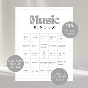 Music Bingo printable game with 100 unique bingo cards, fun party game for groups, family reunion game, ice breaker music bingo with large song mix included