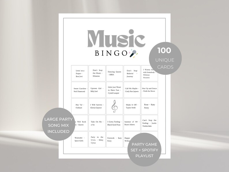 Music Bingo printable game with 100 unique bingo cards, fun party game for groups, family reunion game, ice breaker music bingo with large song mix included