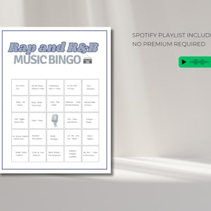 Rap and R&B music bingo cards with Spotify playlist, printable music game for party, rap R&B bingo game with songs included